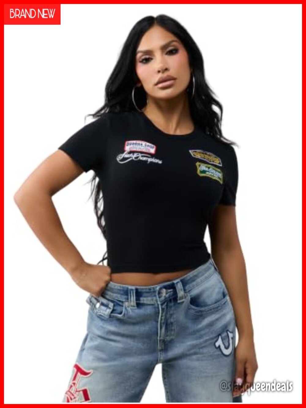 True Religion Embroidered Patch Baby Tee Cotton Blend Crew Neck